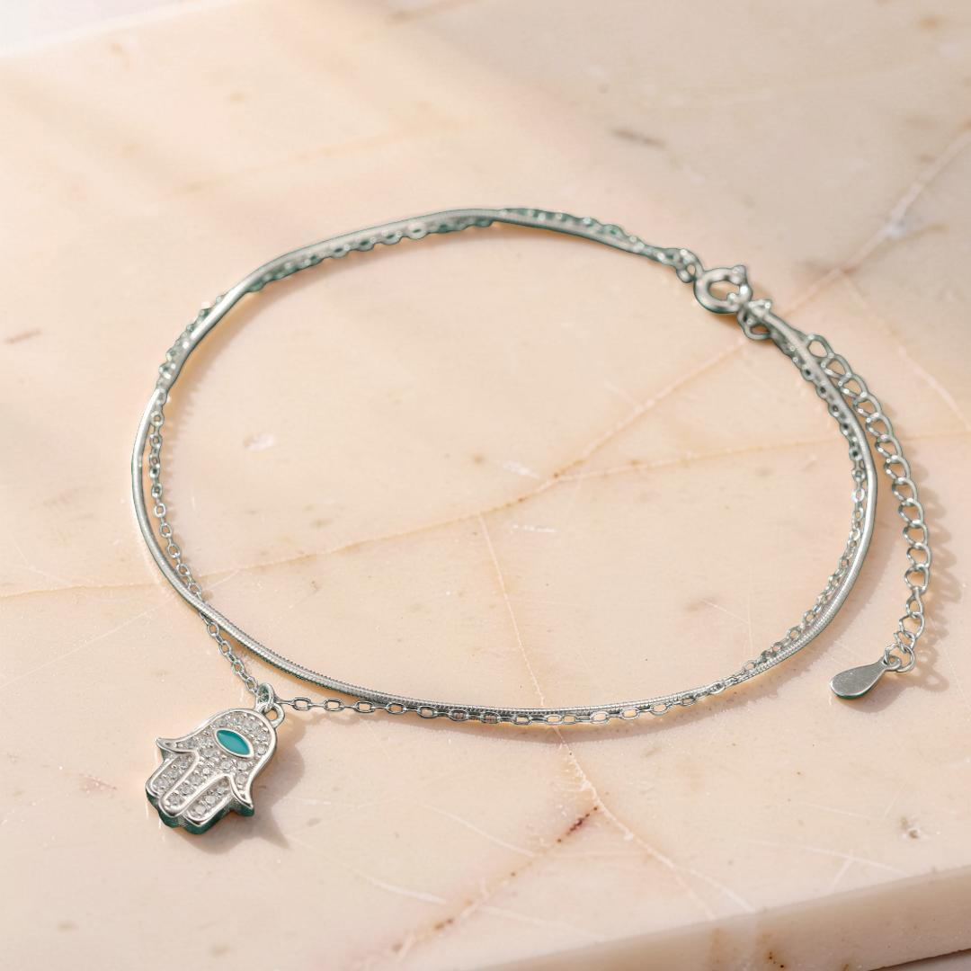 ATELIER-TIBET – Bracelet de Cheville Main de Fatma – Protection Élégante, Argent 925
