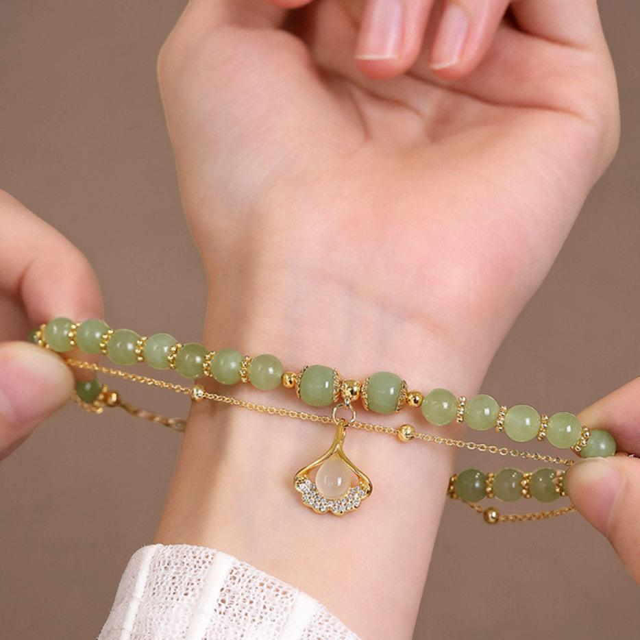 ATELIER-TIBET – Bracelet Jade – Feuille Ginkgo, Argent Plaqué Or