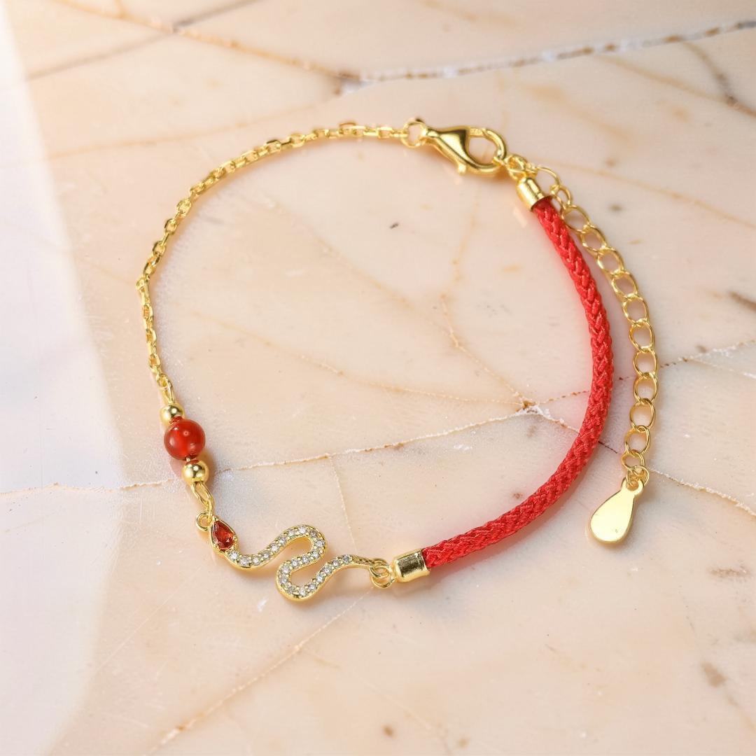 ATELIER-TIBET – Bracelet Fil Rouge Serpent – Force Mystique, Argent Plaqué Or