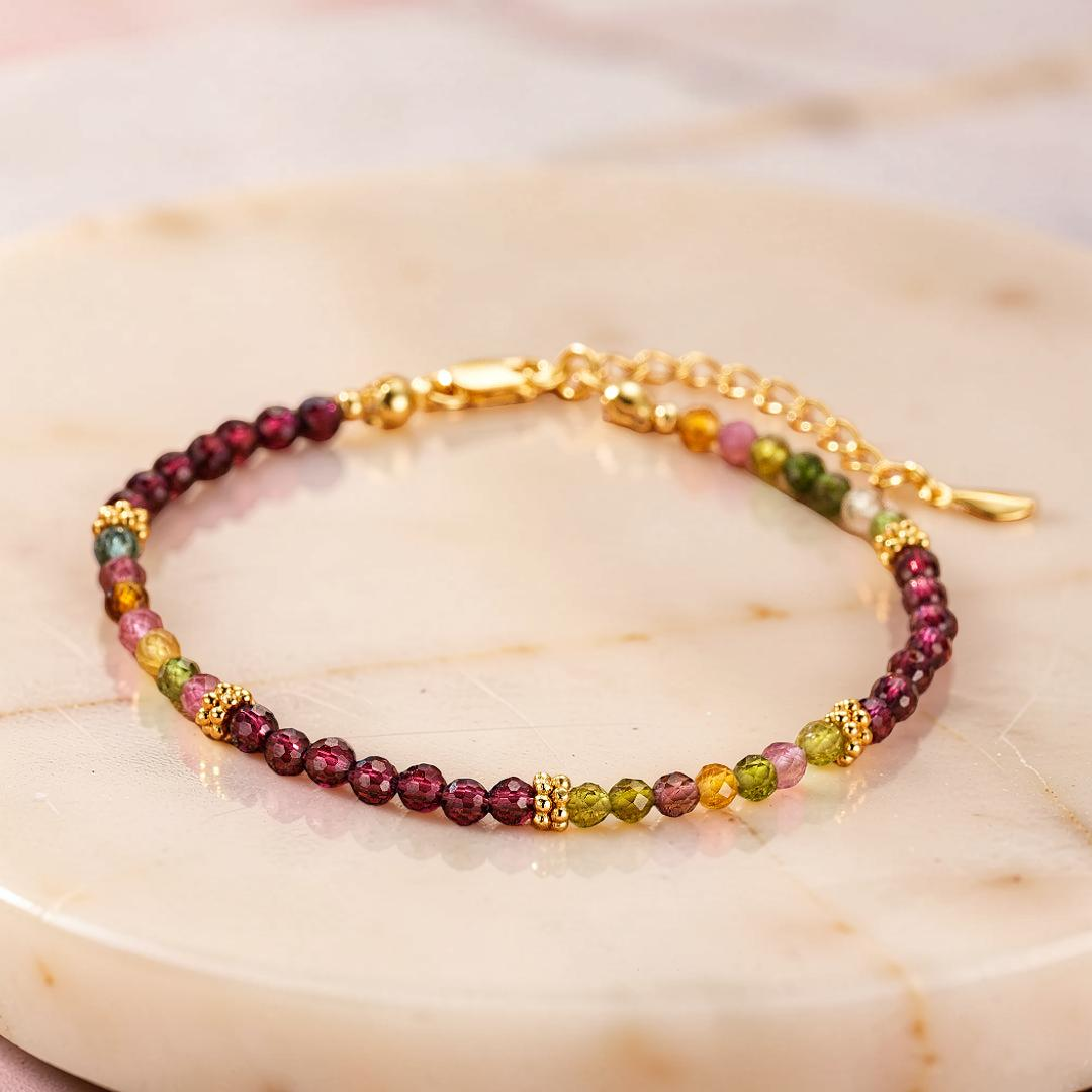 ATELIER-TIBET – Bracelet Grenat et Tourmaline – Équilibre Chromatique, Argent Plaqué Or