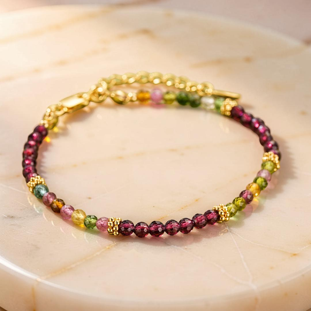ATELIER-TIBET – Bracelet Grenat et Tourmaline – Équilibre Chromatique, Argent Plaqué Or