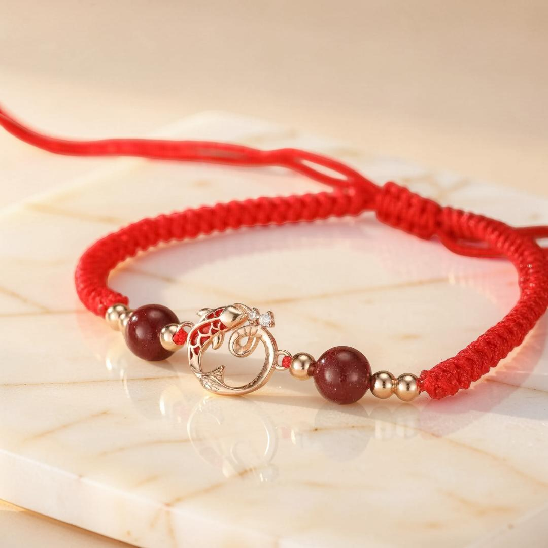 ATELIER-TIBET – Bracelet Cordon Jade et Cinabre – Serpent de Fortune, Argent Plaqué Or