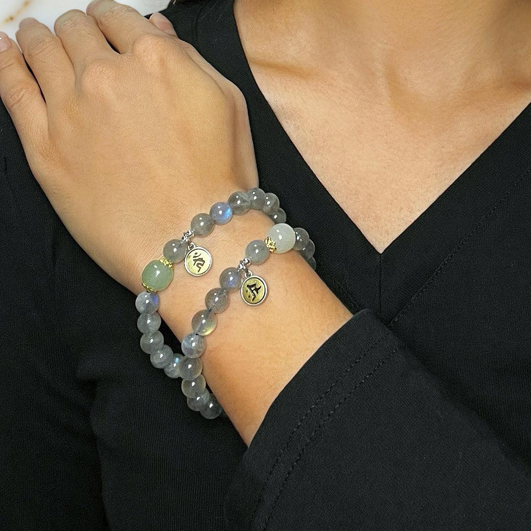 ATELIER-TIBET – Bracelet Jade et Labradorite Cheval/Coq – Protection Céleste