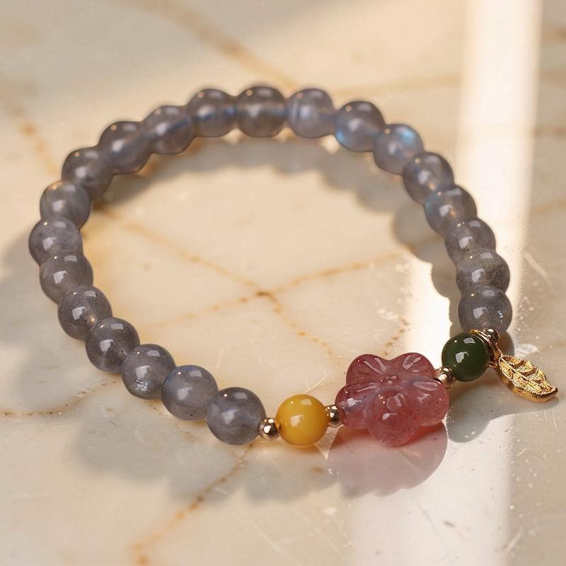 ATELIER-TIBET – Bracelet Labradorite et Quartz Fraise – Feuille Dorée
