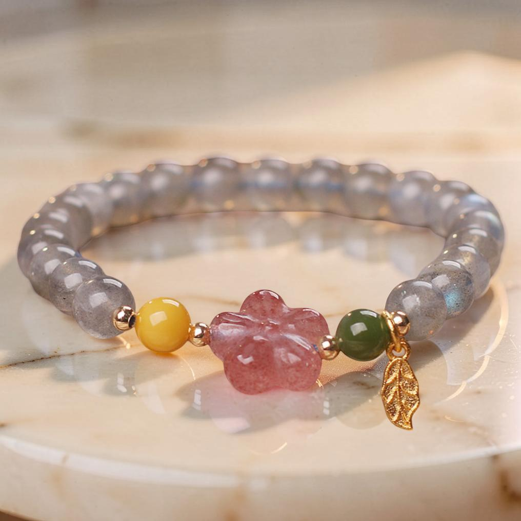 ATELIER-TIBET – Bracelet Labradorite et Quartz Fraise – Feuille Dorée