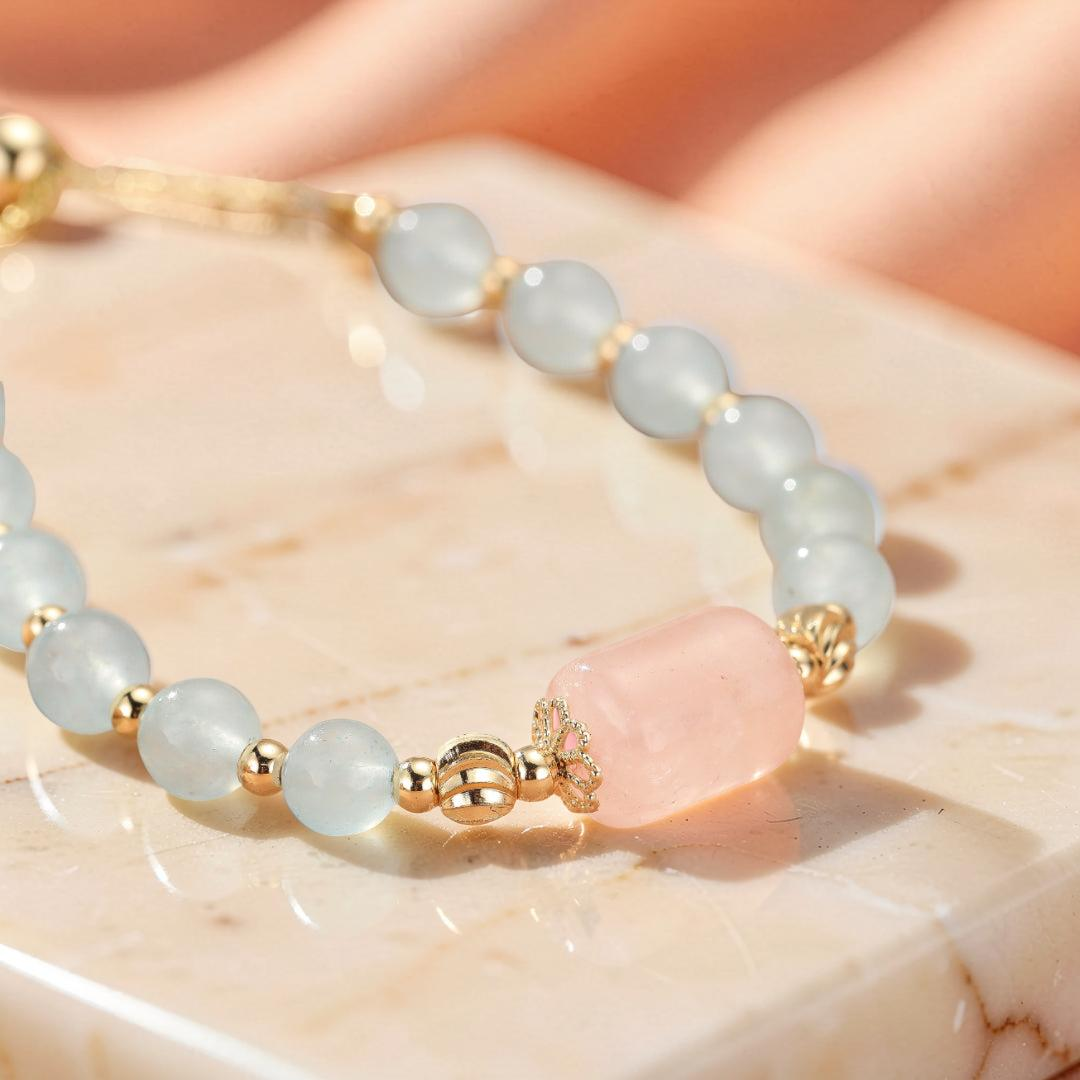 ATELIER-TIBET – Bracelet Aigue-marine et Quartz Rose – Douceur Éthérée
