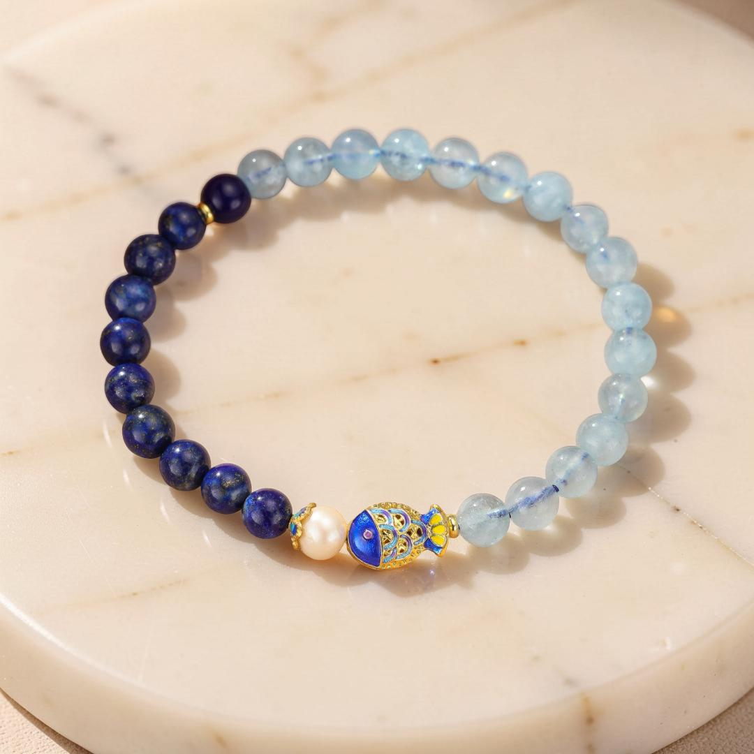 ATELIER-TIBET – Bracelet Lapis Lazuli et Aigue Marine - Poisson de Bonheur