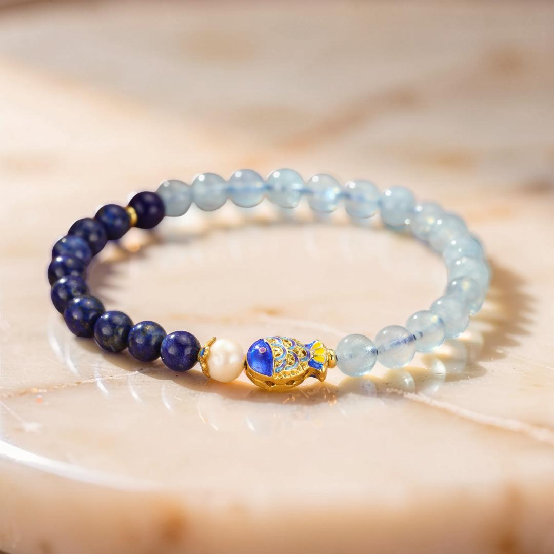 ATELIER-TIBET – Bracelet Lapis Lazuli et Aigue Marine - Poisson de Bonheur
