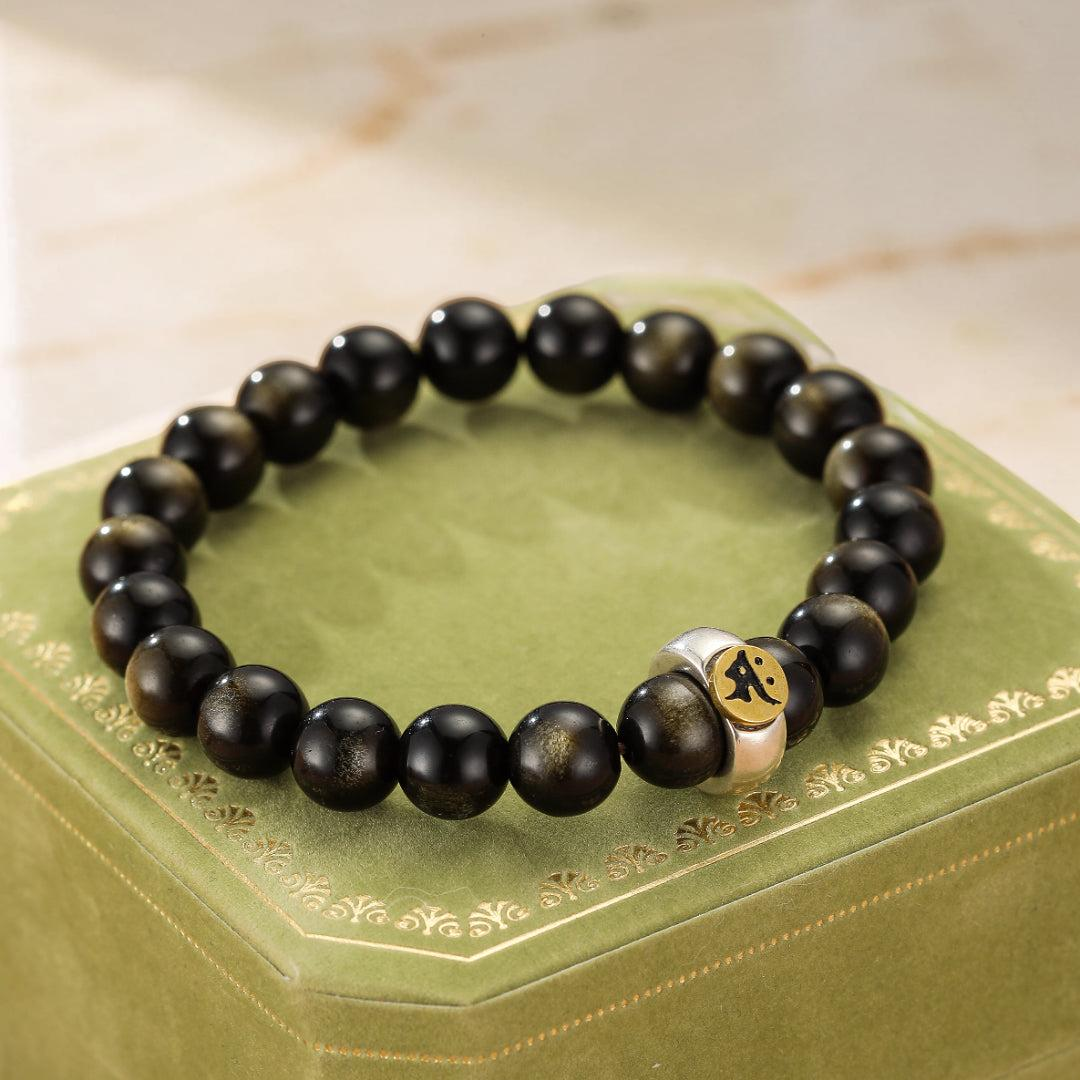 ATELIER-TIBET – Bracelet Obsidienne Cheval/Coq – Force Intérieure, Argent