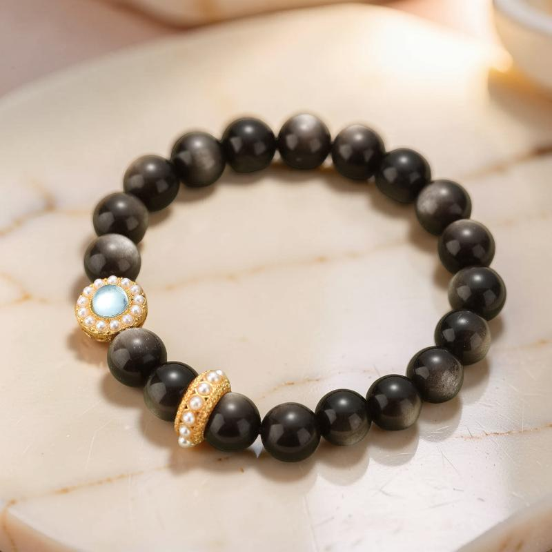 ATELIER-TIBET – Bracelet Obsidienne et Aigue Marine – Éclat Marin