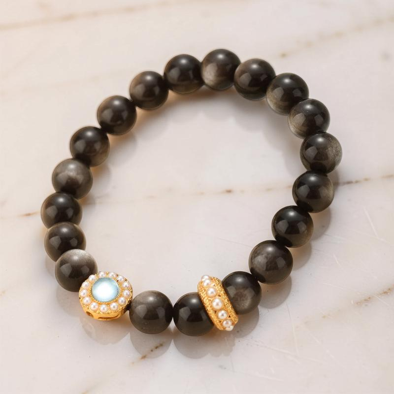 ATELIER-TIBET – Bracelet Obsidienne et Aigue Marine – Éclat Marin