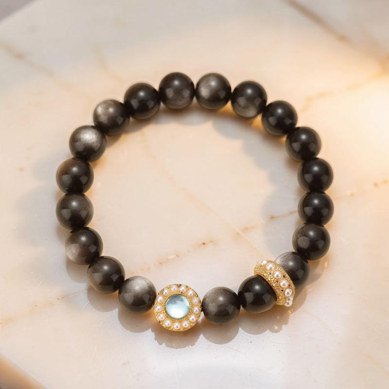ATELIER-TIBET – Bracelet Obsidienne et Aigue Marine – Éclat Marin