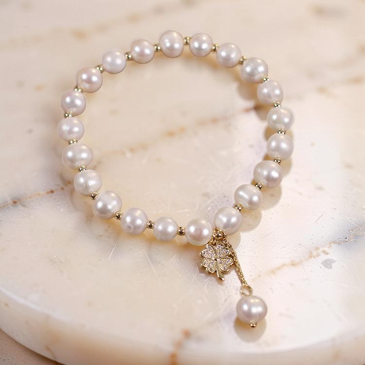 ATELIER-TIBET – Bracelet Perle d'Eau Douce – Trèfle à Quatre Feuilles