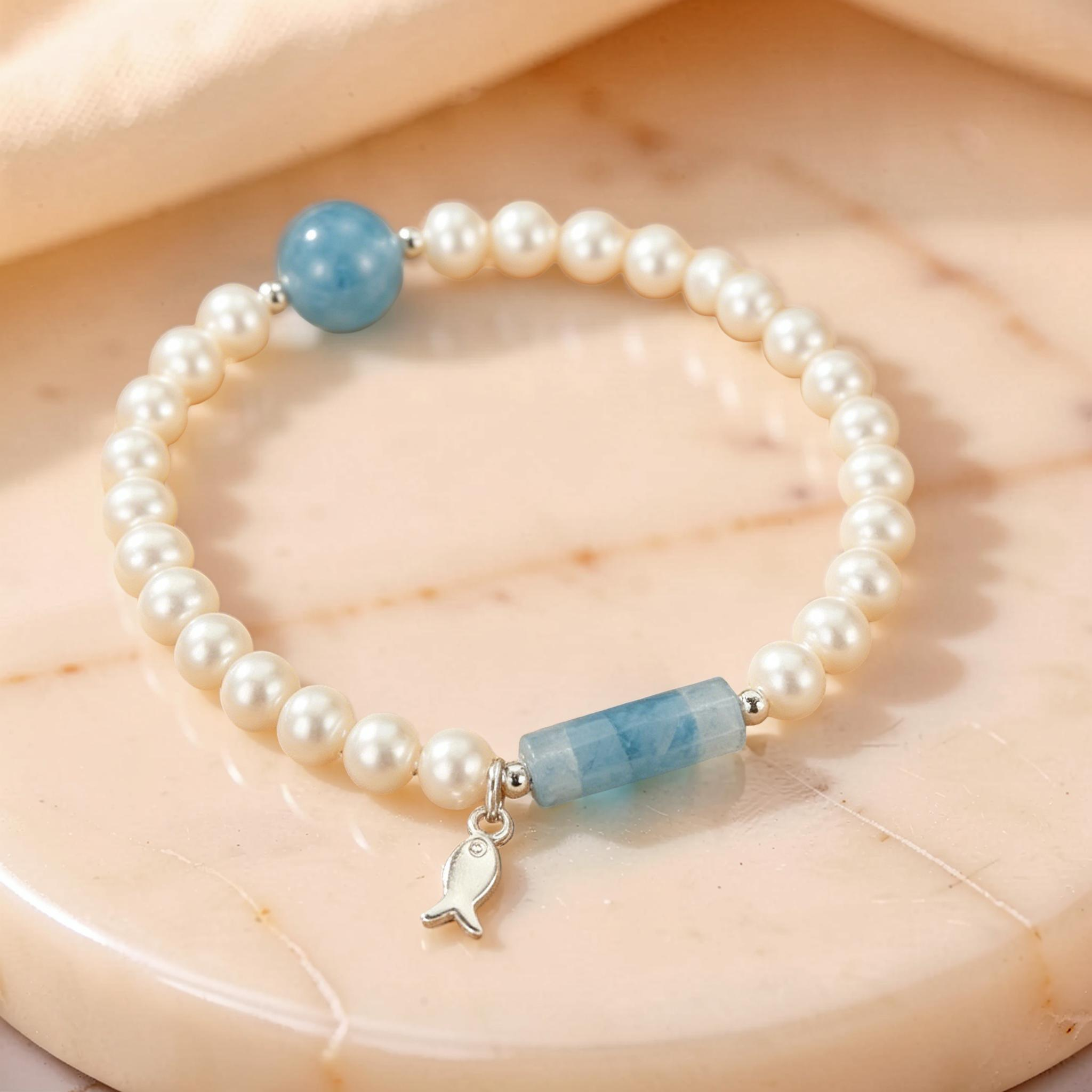 ATELIER-TIBET – Bracelet Perle et Aigue-marine – Douce Harmonie, Argent