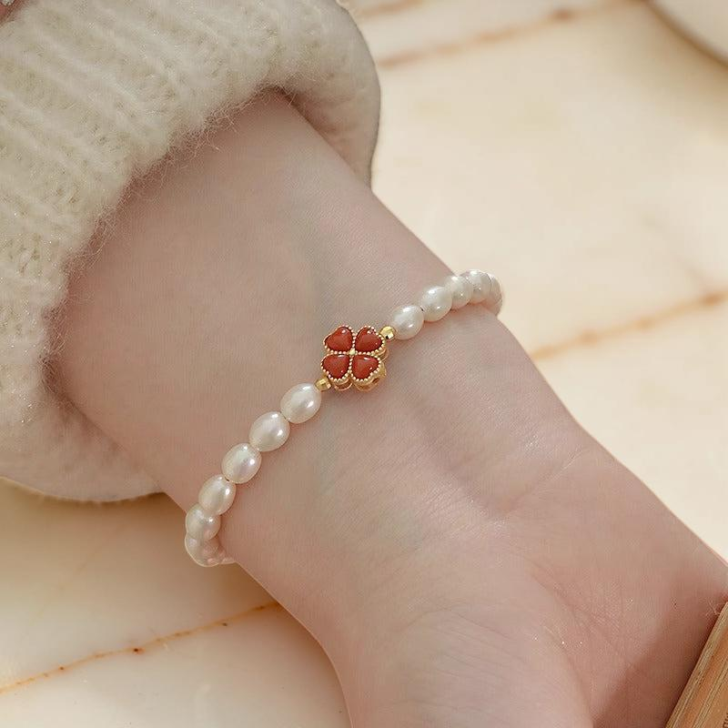 ATELIER-TIBET – Bracelet Perle – Trèfle Charmant, Argent Plaqué Or
