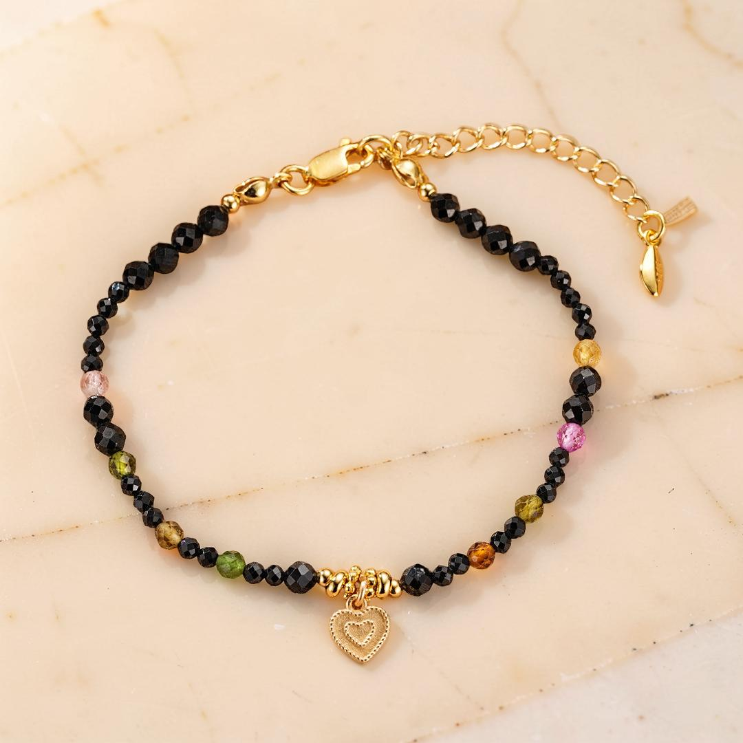 ATELIER-TIBET – Bracelet Tourmaline et Spinelle Noire – Talisman du Cœur, Argent Plaqué Or