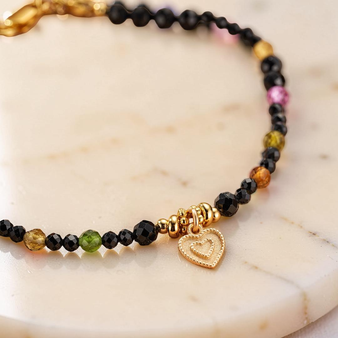 ATELIER-TIBET – Bracelet Tourmaline et Spinelle Noire – Talisman du Cœur, Argent Plaqué Or
