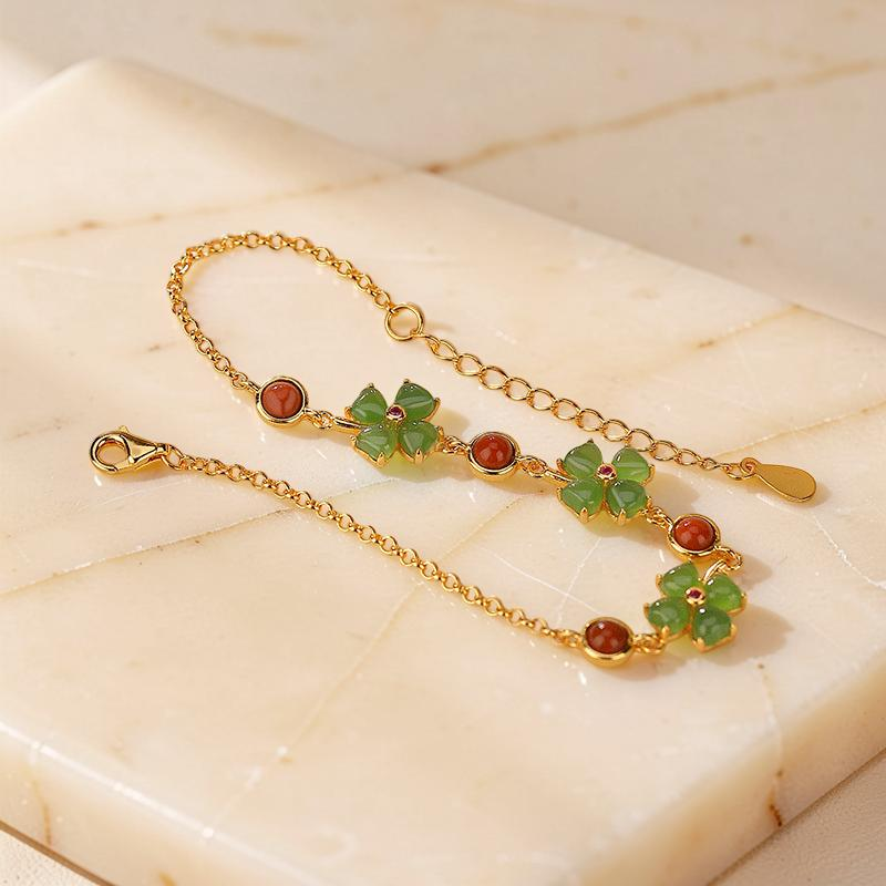 ATELIER-TIBET – Bracelet Trèfle en Jade – Chance Sereine, Argent Plaqué Or
