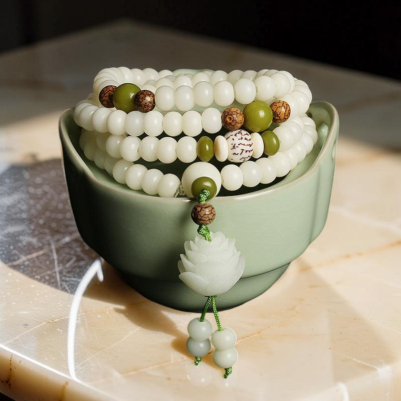 ATELIER-TIBET – Mâlâ Jade et Graine de Bodhi – Fleur de Jade, 108 Perles