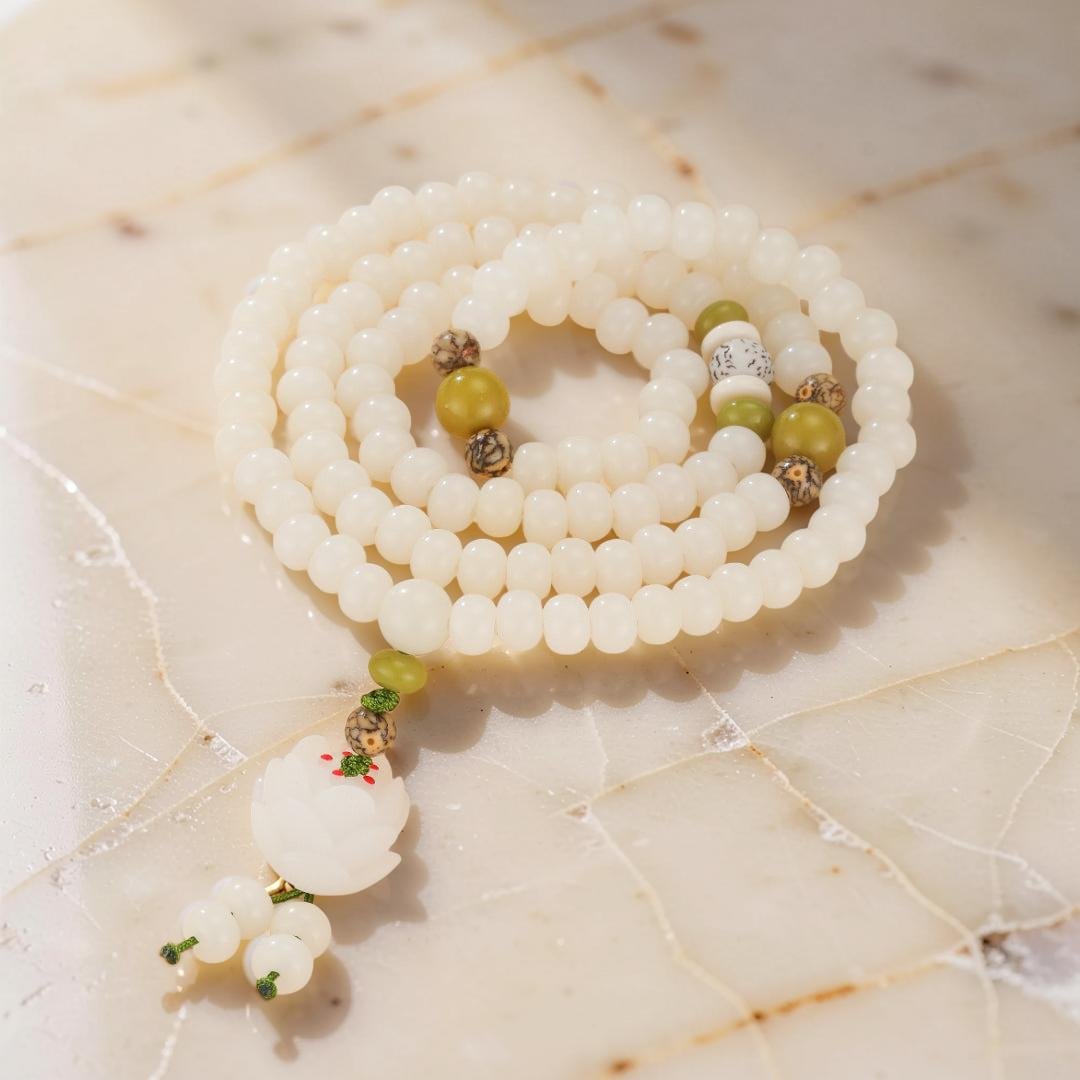 ATELIER-TIBET – Mâlâ Jade et Graine de Bodhi – Fleur de Jade, 108 Perles