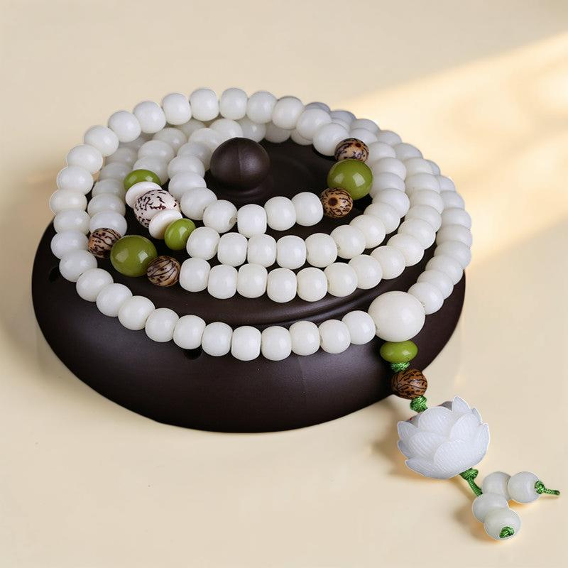 ATELIER-TIBET – Mâlâ Jade et Graine de Bodhi – Fleur de Jade, 108 Perles
