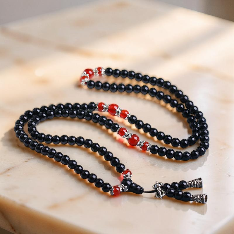 ATELIER-TIBET – Mâlâ 108 Perles en Obsidienne, Œil de Tigre/Agate - Tigridienne