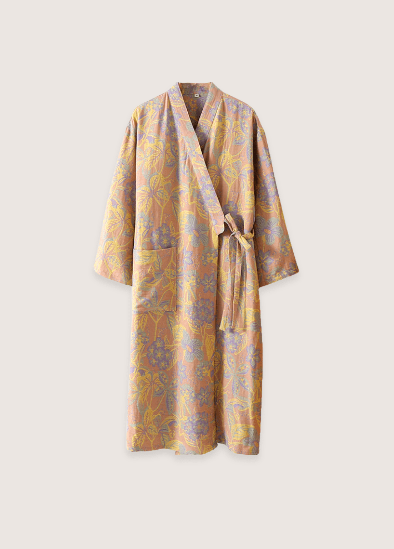 Peignoir kimono femme coton motif chrysanthème jaune