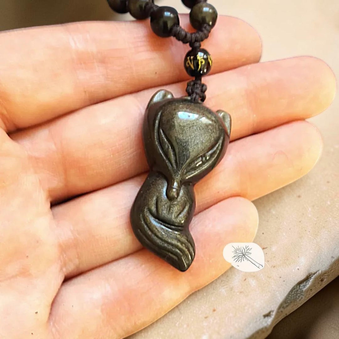 ATELIER-TIBET – Pendentif Renard Sage en Obsidienne Dorée