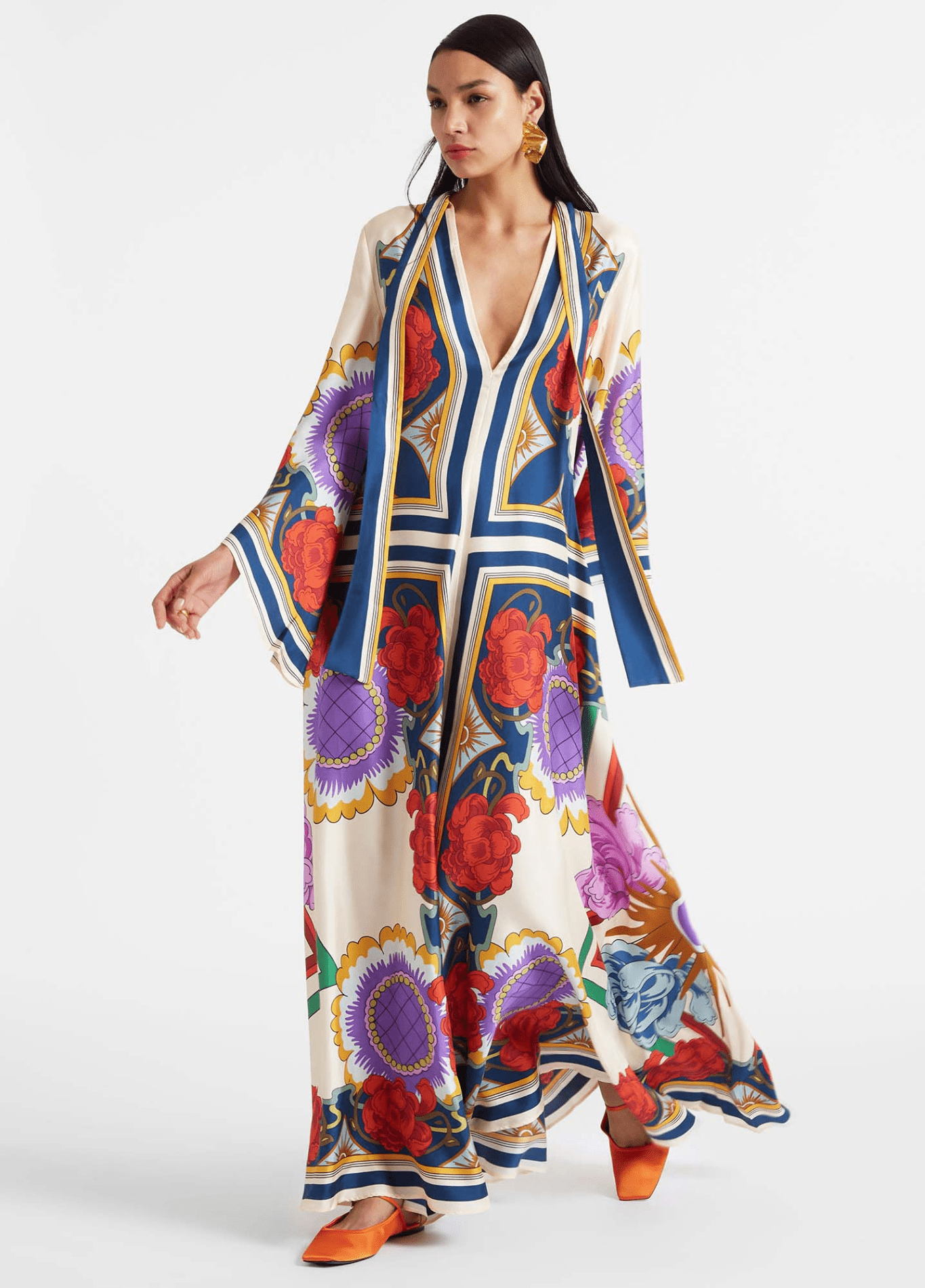 Robe kimono femme satiné motif pivoine blanc – Baroque