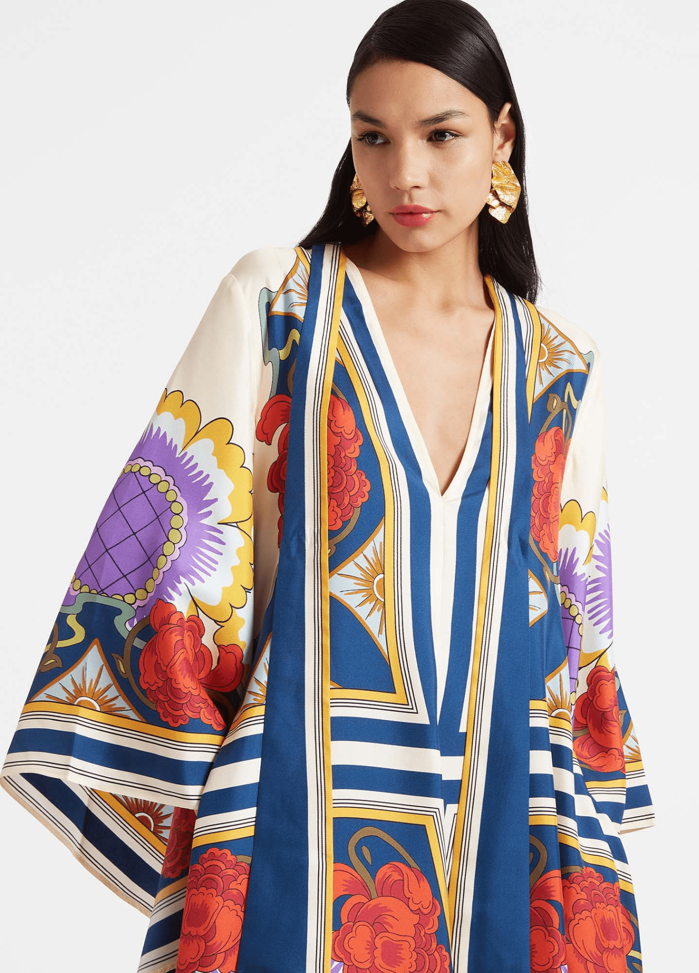 Robe kimono femme satiné motif pivoine blanc – Baroque