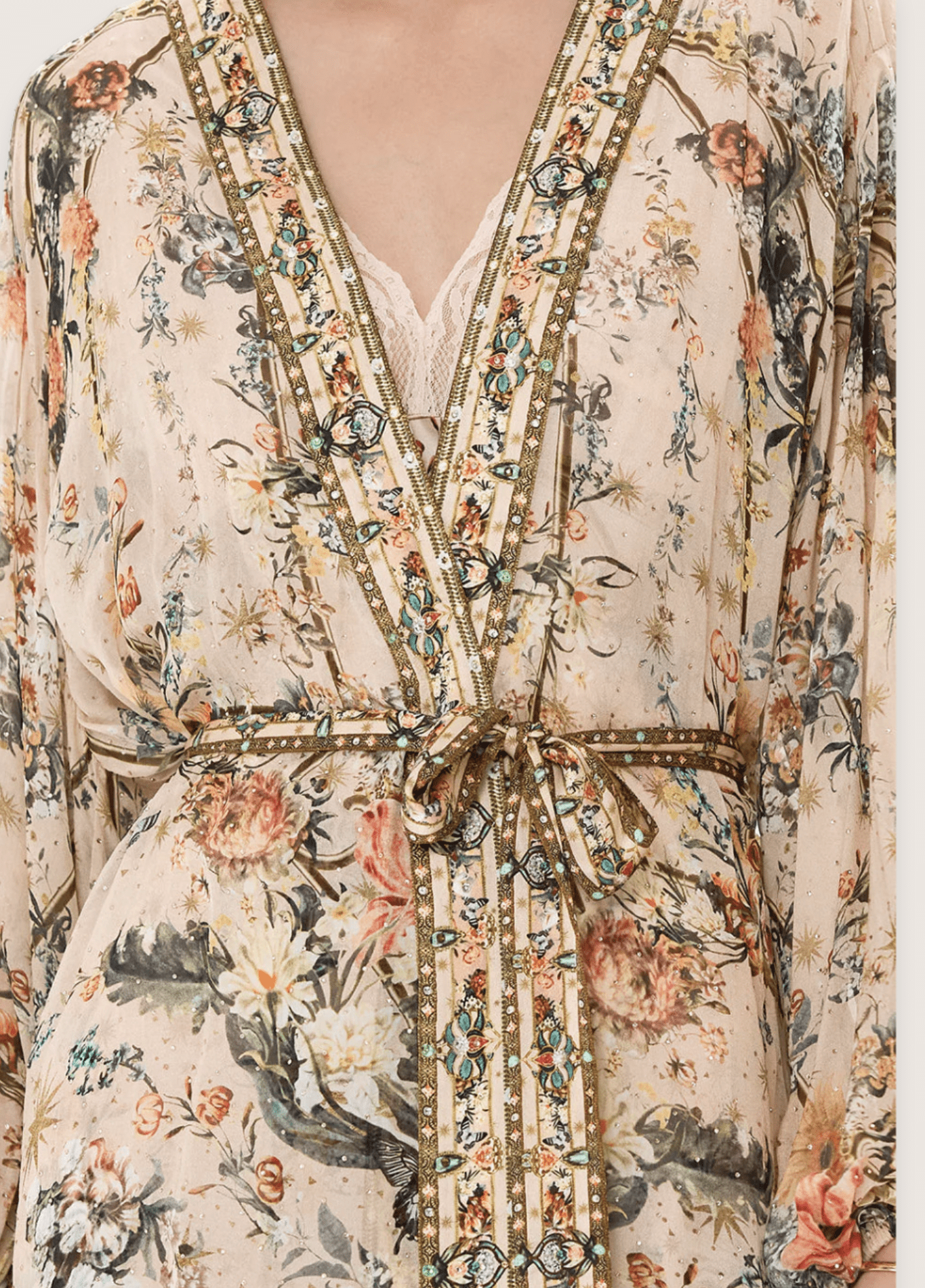 Kimono long femme soie floral crème – Shinju
