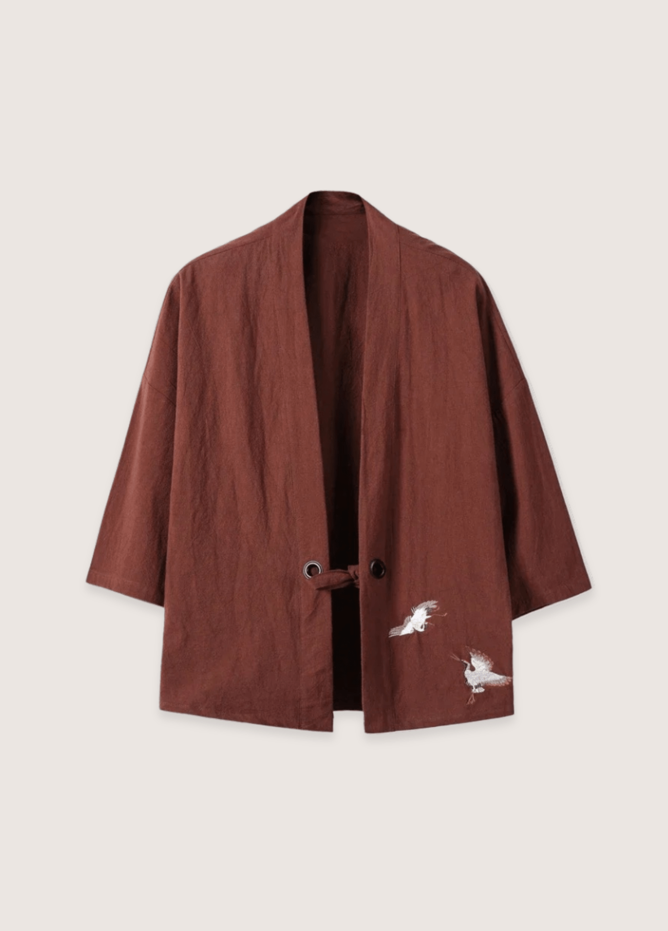 Veste kimono mixte lin motif grue café
