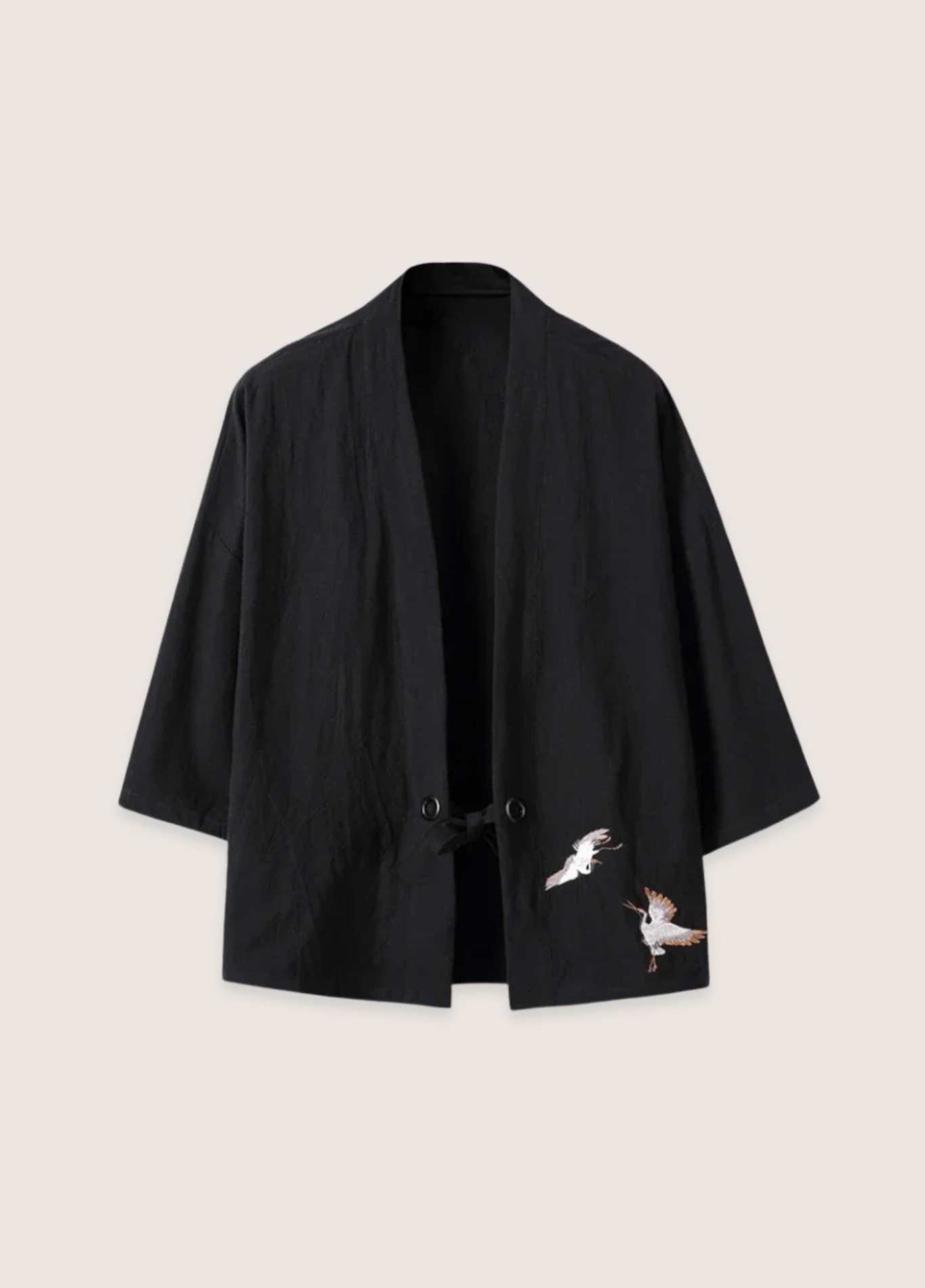 Veste kimono mixte lin motif grue noir
