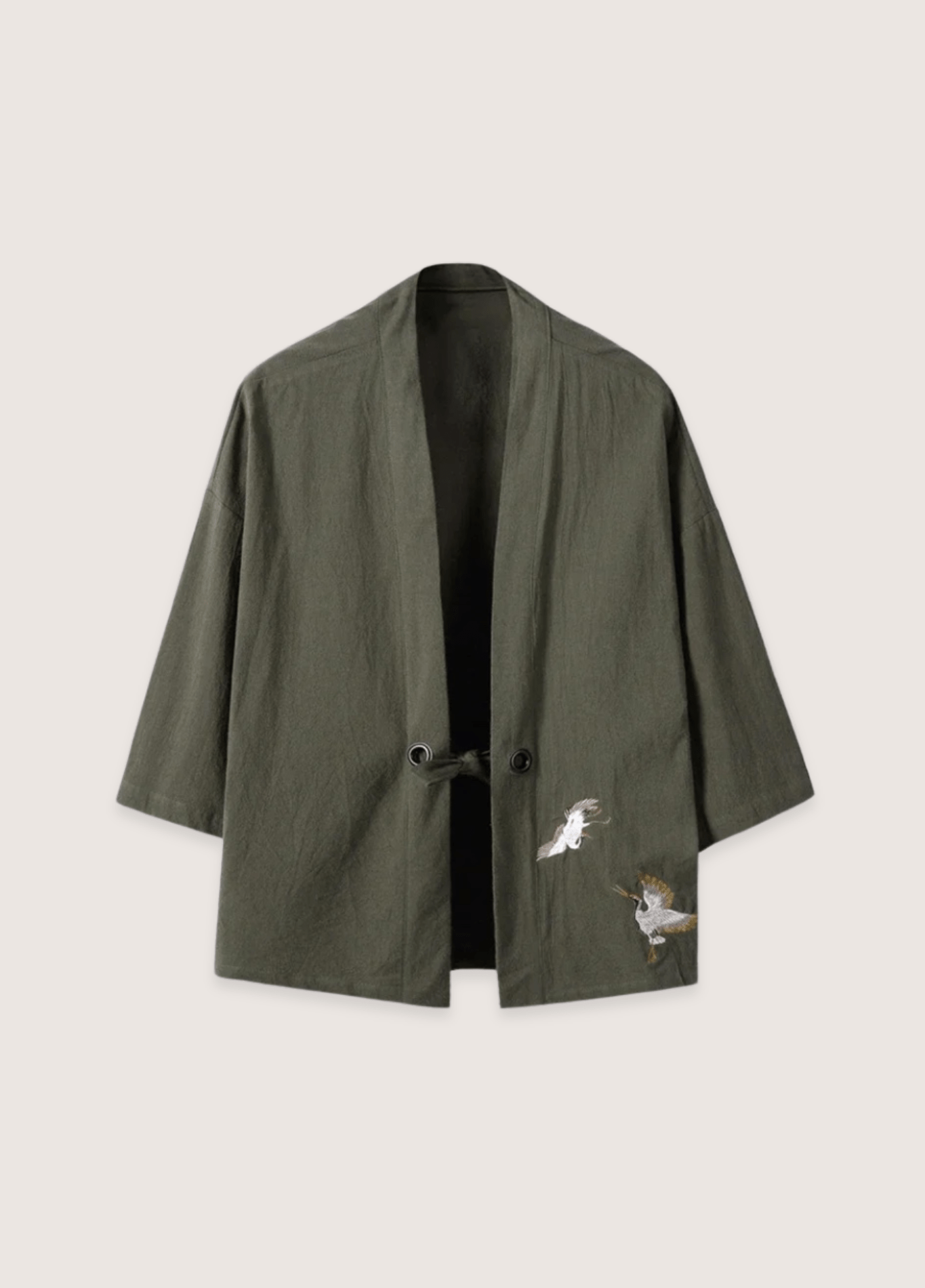 Veste kimono mixte lin motif grue vert