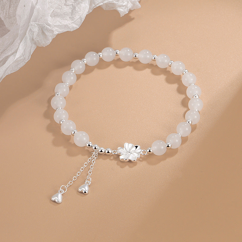ATELIER-TIBET – Bracelet Porte-Bonheur en Jade Blanc & Fleur de Pêcher (Jade Naturel)