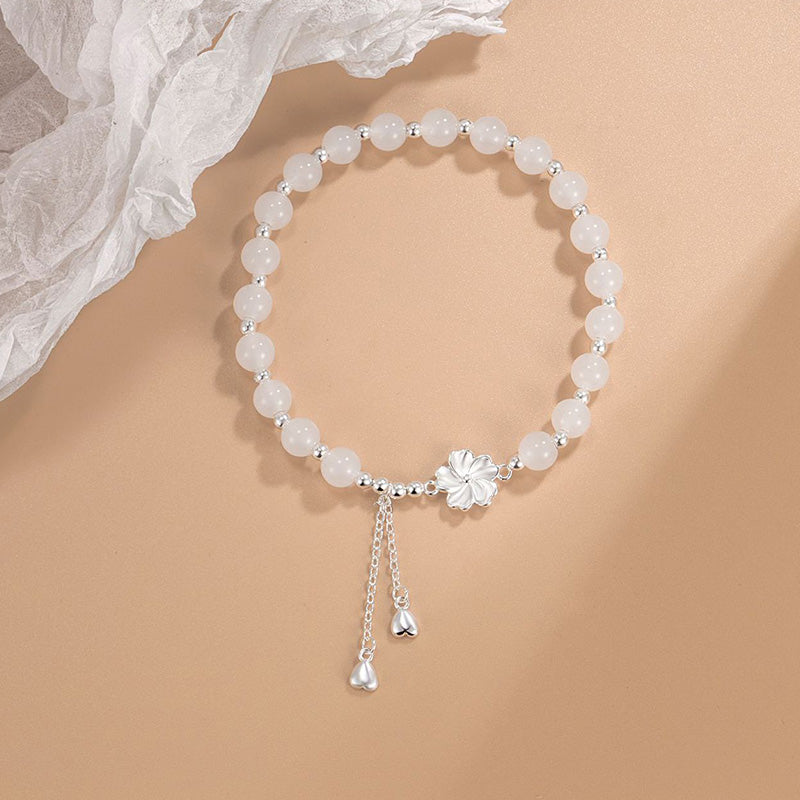 ATELIER-TIBET – Bracelet Porte-Bonheur en Jade Blanc & Fleur de Pêcher (Jade Naturel)