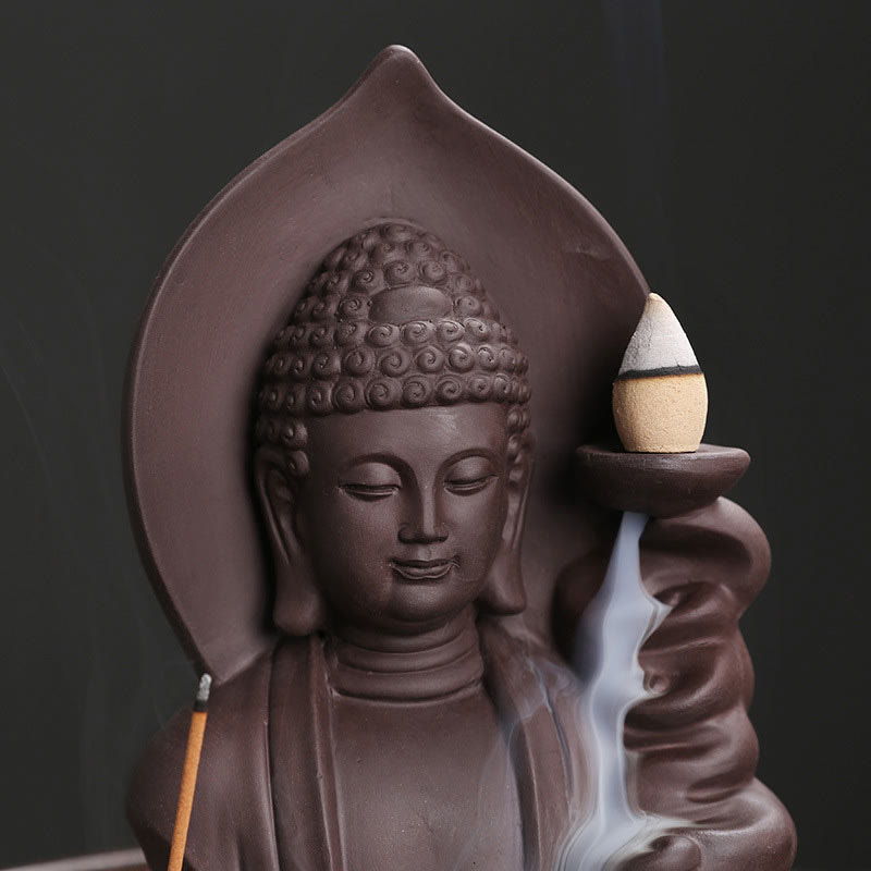 ATELIER-TIBET Brûleur d’Encens à Reflux Bouddha en Argile Pourpre – Design Lotus