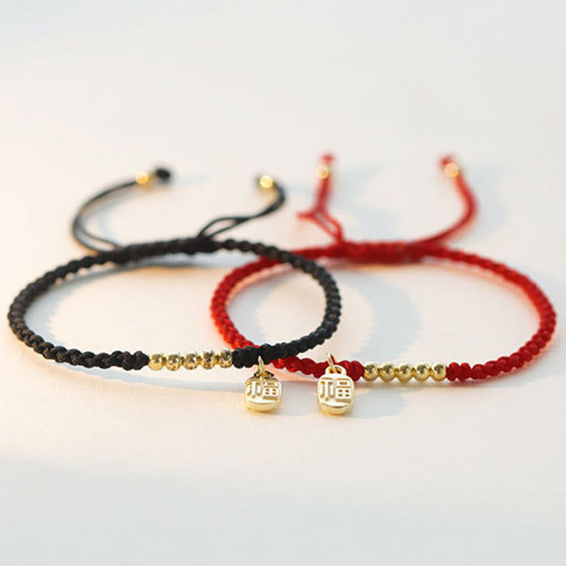 ATELIER-TIBET – Bracelet Fil Rouge avec Symbole Fu (福) en Cuivre