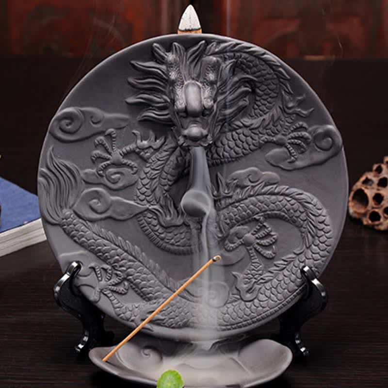 ATELIER-TIBET Brûleur d'encens de méditation à fontaine à fumée à refoulement en céramique Dragon