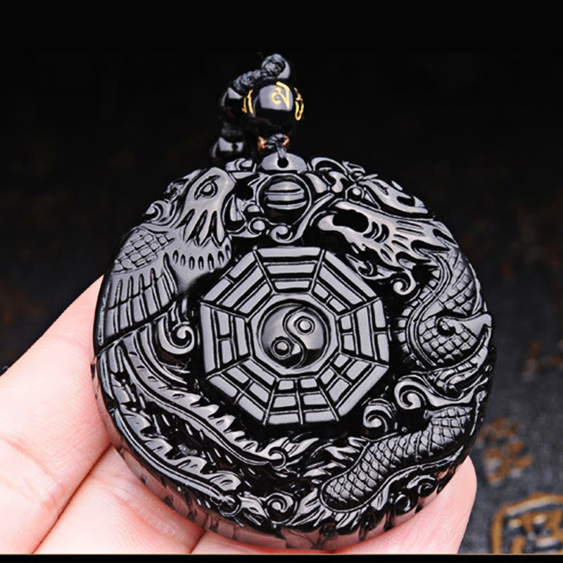 ATELIER-TIBET – Pendentif Bagua Dragon & Phénix en Obsidienne Noire Naturelle