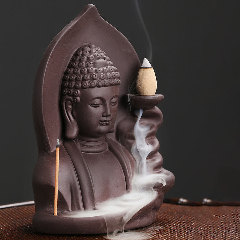 ATELIER-TIBET Brûleur d’Encens à Reflux Bouddha en Argile Pourpre – Design Lotus