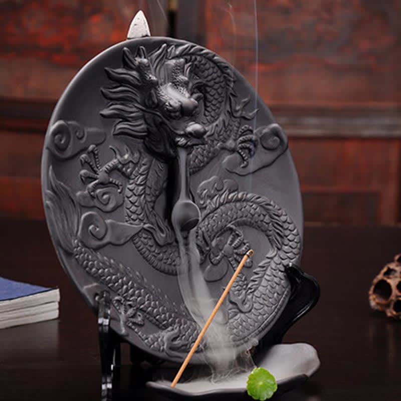 ATELIER-TIBET Brûleur d'encens de méditation à fontaine à fumée à refoulement en céramique Dragon