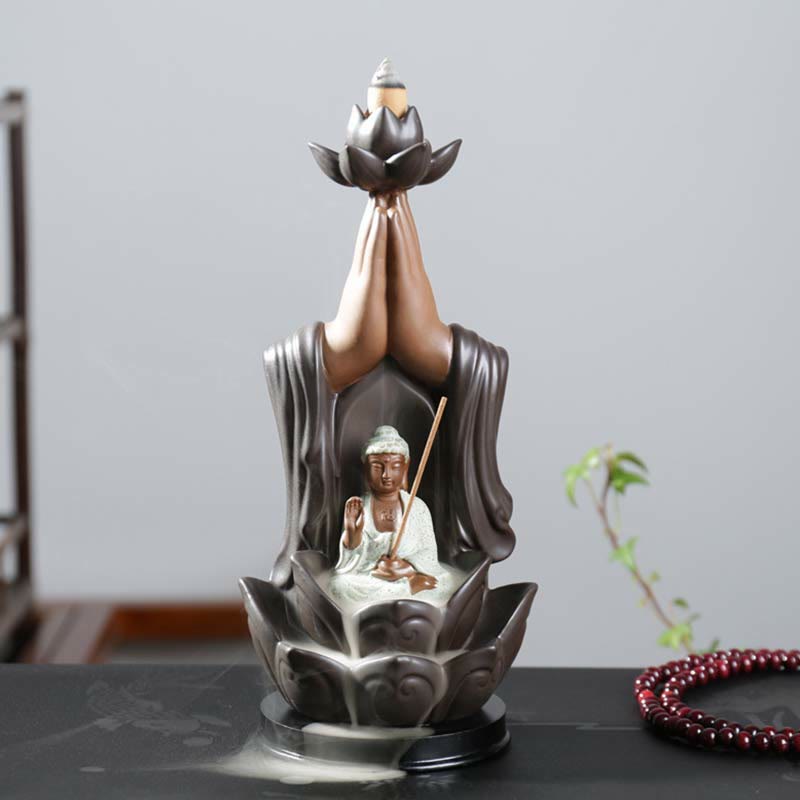 ATELIER-TIBET Brûleur d'encens à reflux en céramique Bouddha Avalokitesvara Chenrezig Ksitigarbha avec bénédiction du lotus