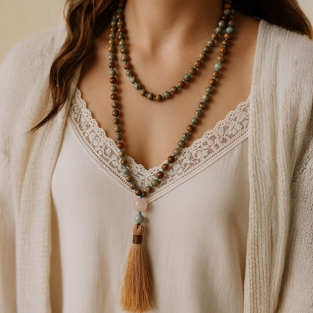 ATELIER-TIBET – Collier Mala 108 Perles en Jaspe Aqua Terra, Amazonite & Quartz Rose