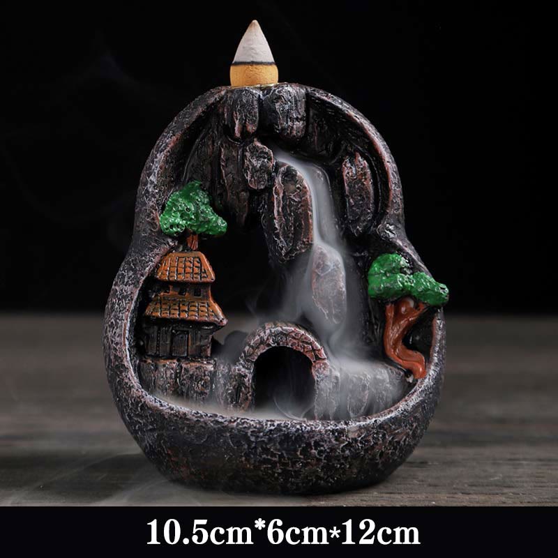 ATELIER-TIBET Brûleur d'encens à reflux en résine de méditation à motif de ponts de montagne