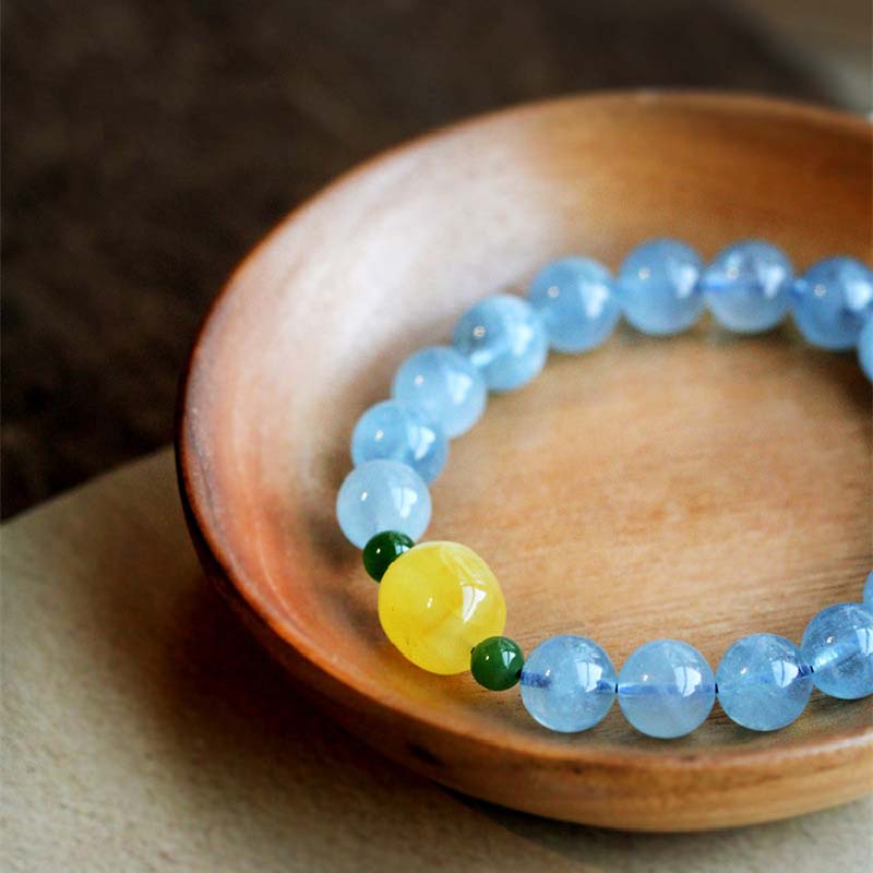 ATELIER-TIBET – Bracelet Sérénité en Aigue-Marine & Ambre Naturels 8 mm | Harmonie & Apaisement Symbolique