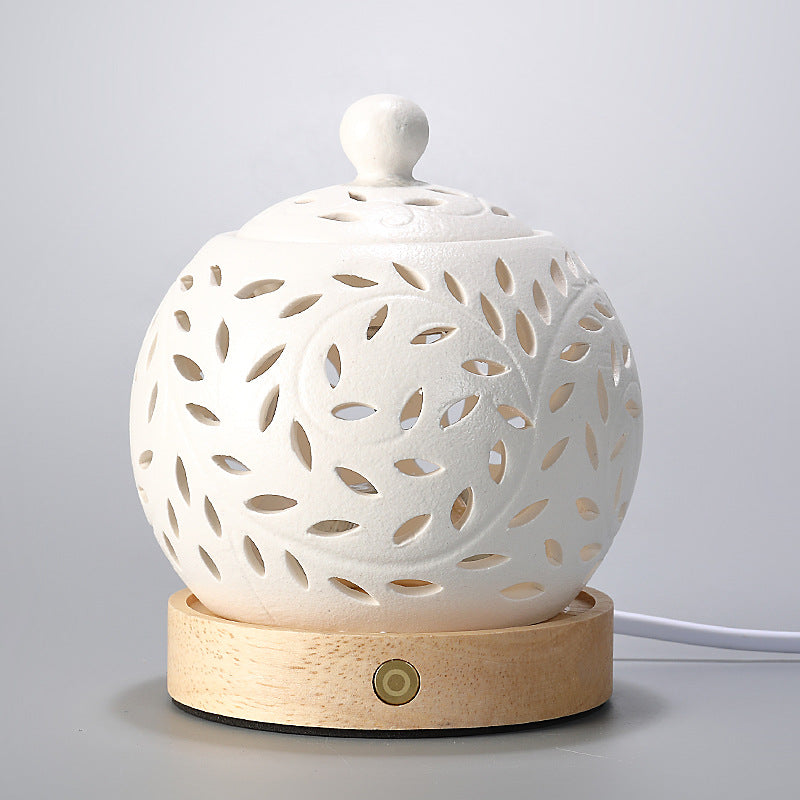 ATELIER-TIBET | Veilleuse & Brûleur d’Encens Électrique Branche Ajourée – Porcelaine Blanche & Bois Naturel