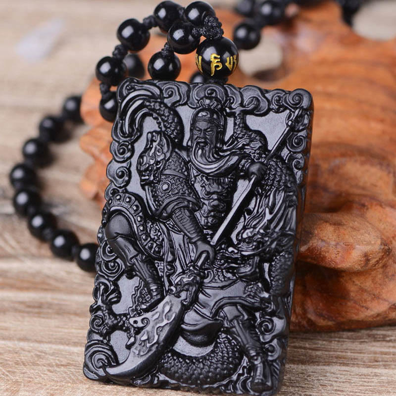 ATELIER-TIBET – Pendentif Guan Gong en Obsidienne Noire Naturelle