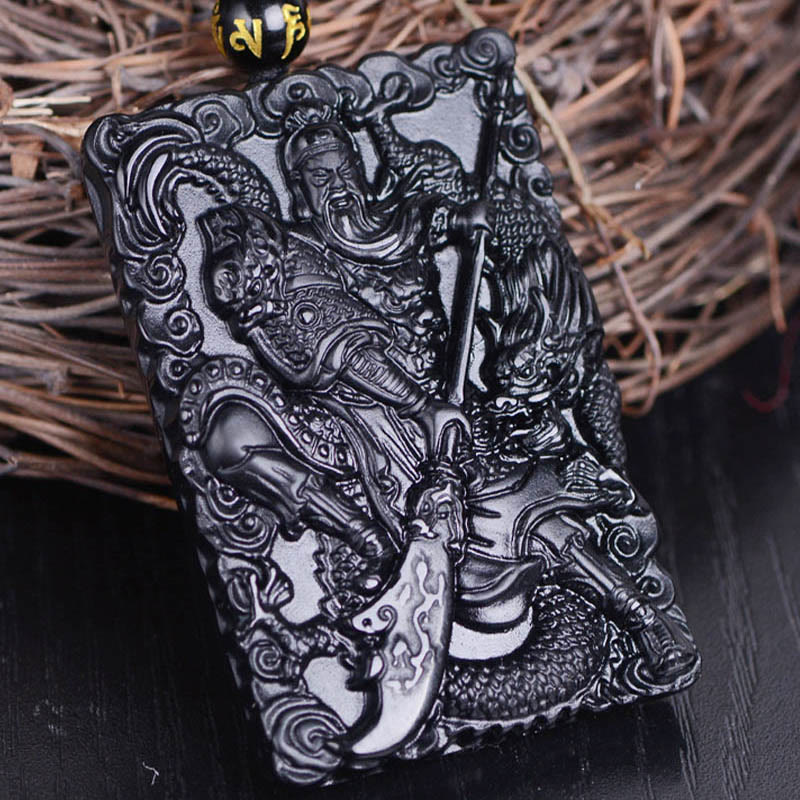 ATELIER-TIBET – Pendentif Guan Gong en Obsidienne Noire Naturelle