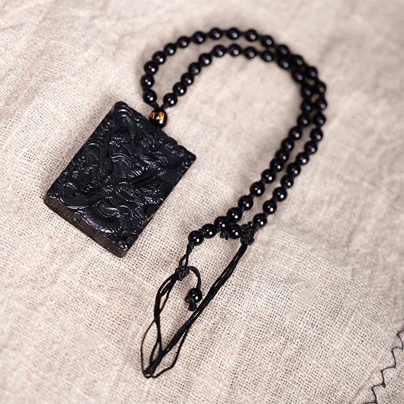 ATELIER-TIBET – Pendentif Guan Gong en Obsidienne Noire Naturelle